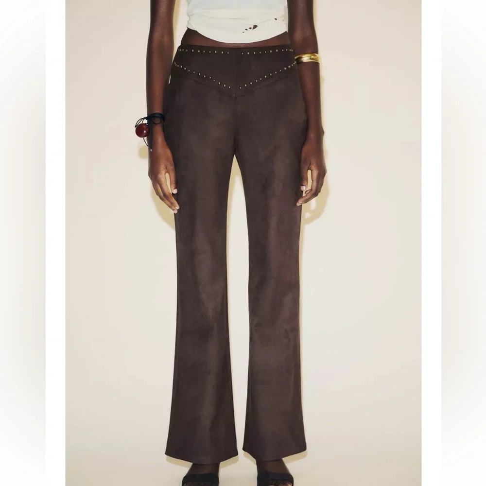 Zara NWT brown studded faux suede embellished pants